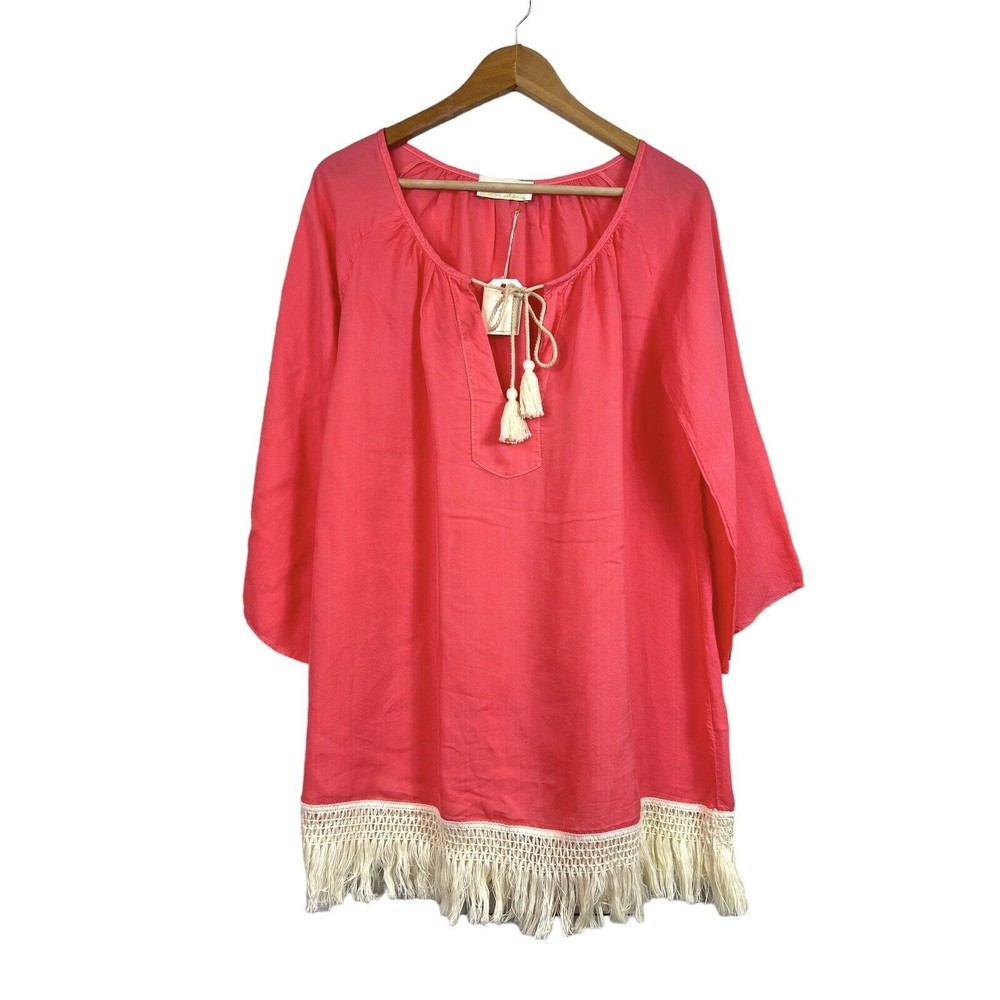 Woo Cotton Coral Fringe Kaftan Peasant Blouse Size S NWT $175
